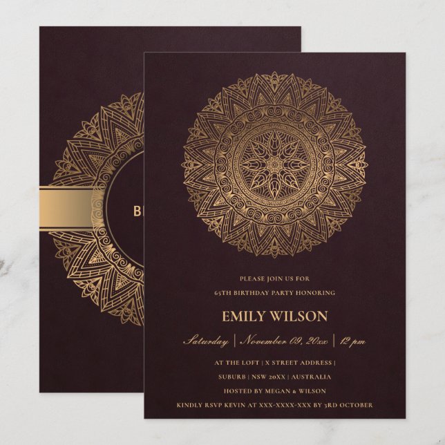 BURGUNDY GOLD MANDALA ANY YEAR 65TH BIRTHDAY PARTY INVITATION (Front/Back)