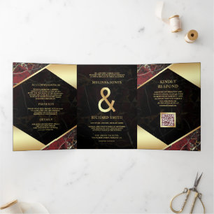 Burgundy Gold Marble Ampersand QR Code Wedding Tri-Fold Invitation