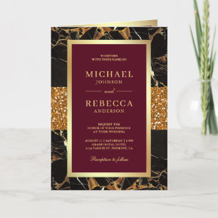 Burgundy Gold Marble Photo QR Code Wedding Invitation