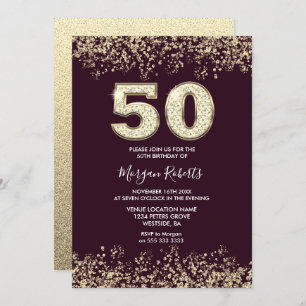 Burgundy & Gold Mens or Womans 50th Birthday Party Invitation