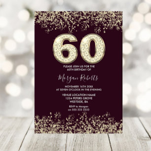 Burgundy & Gold Mens or Womans 60th Birthday Party Invitation