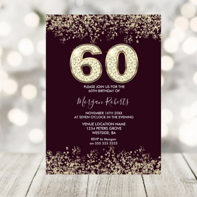 Burgundy & Gold Mens or Womans 60th Birthday Party Invitation (Creator Uploaded)
