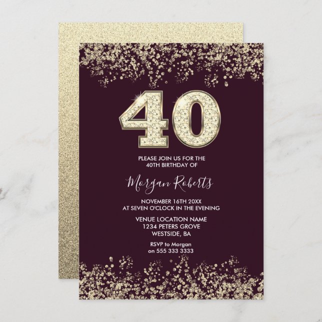 Burgundy & Gold Mens Womans 40th Birthday Party Invitation (Front/Back)