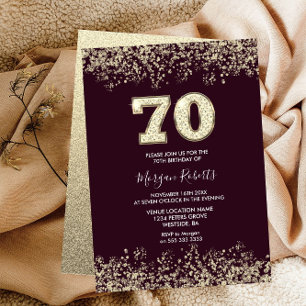 Burgundy & Gold Mens Womans 70th Birthday Party Invitation