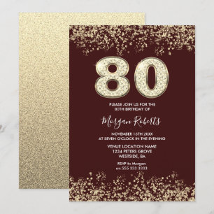 Burgundy & Gold Mens Womans 80th Birthday Party Invitation