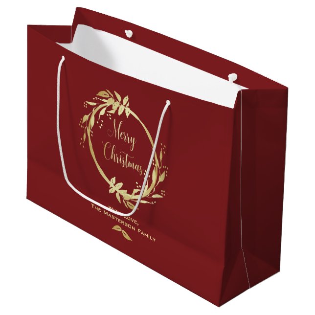 Burgundy Gold Merry Christmas Holly Wreath Holiday Large Gift Bag (Front Angled)