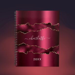 Burgundy gold metal agate marble name script 2022 planner