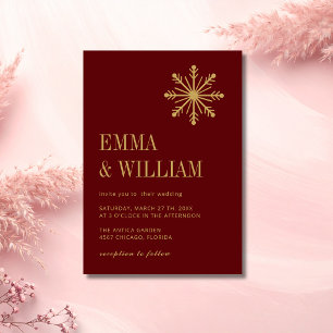 Burgundy & Gold Minimalist Snowflake Wedding Invitation