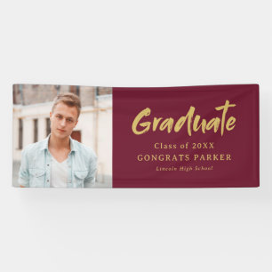 Burgundy Gold Modern Brush Script Photo Grad Party Banner