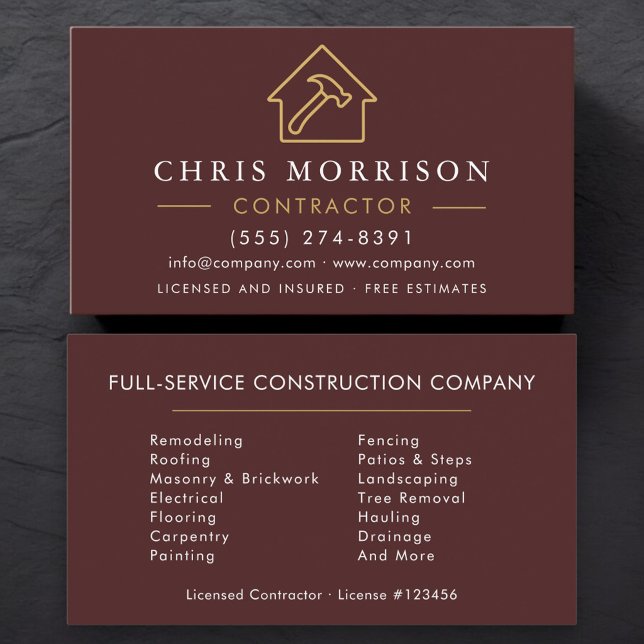 Burgundy Gold Modern Building Construction  Business Card (Creator Uploaded)