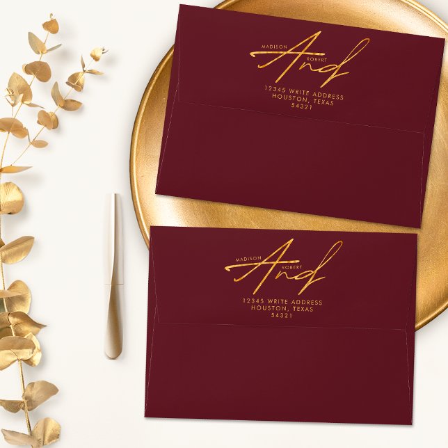 Burgundy Gold Modern Classic Typography Wedding Envelope (Creator Uploaded)