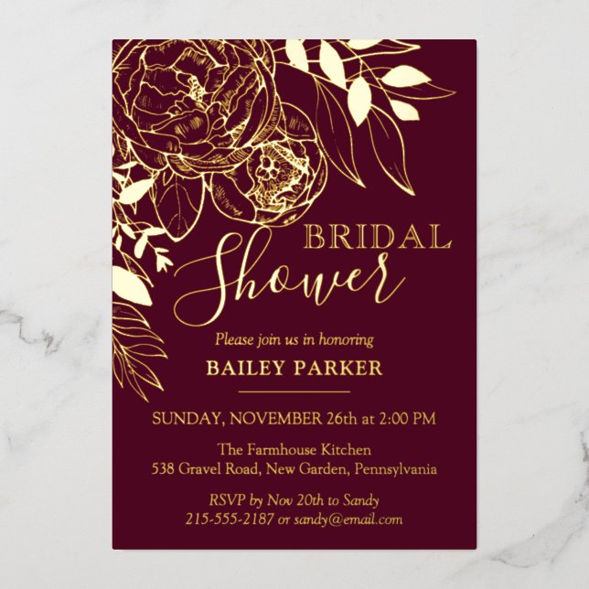 Burgundy & Gold Modern Floral Peony Bridal Shower (Front)