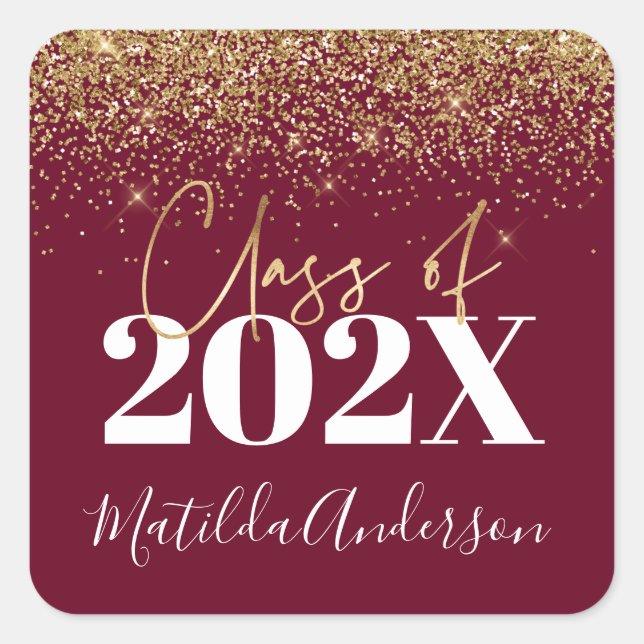 Burgundy gold modern glitter graduation class of square sticker (Front)