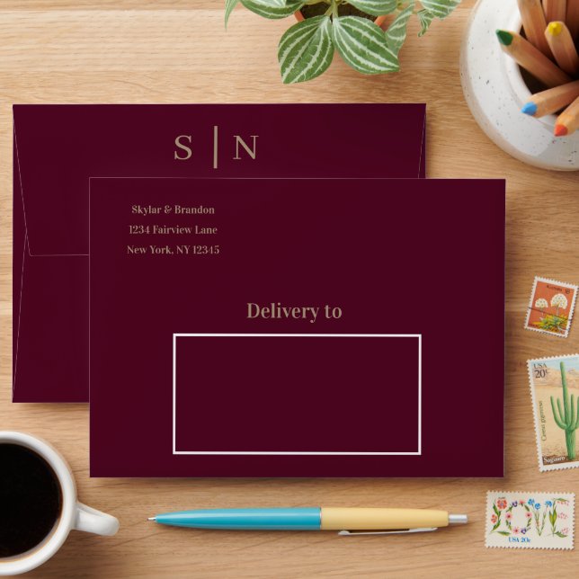 Burgundy Gold Modern Minimal Wedding Envelope (Desk)