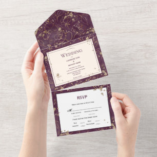 Burgundy Gold Modern Photo Wedding All In One Invitation