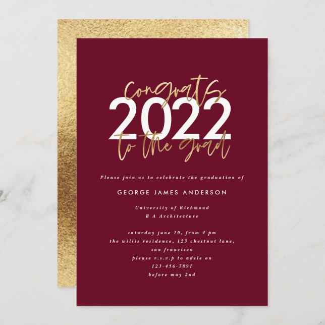 burgundy gold modern script graduation  (Front/Back)