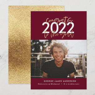 burgundy gold modern script graduation photo