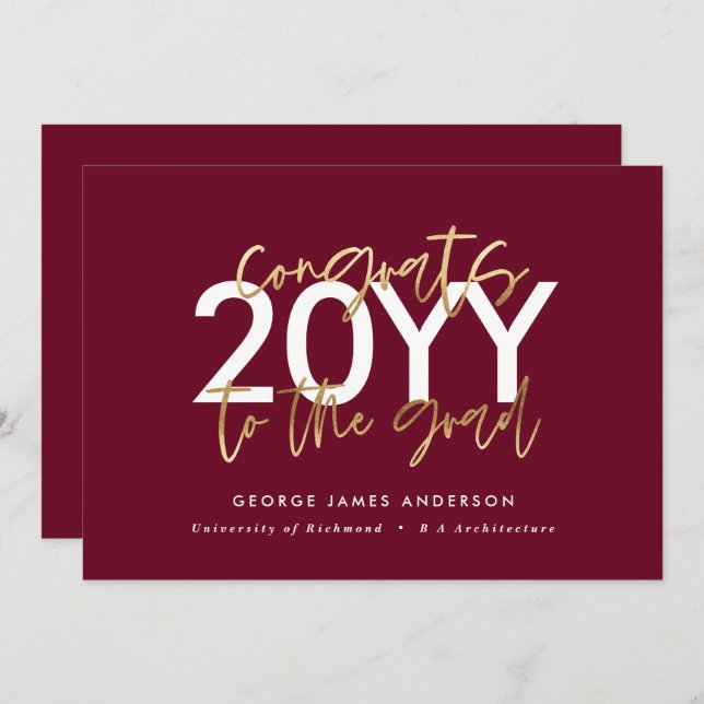 burgundy gold modern script stylish graduation invitation (Front/Back)