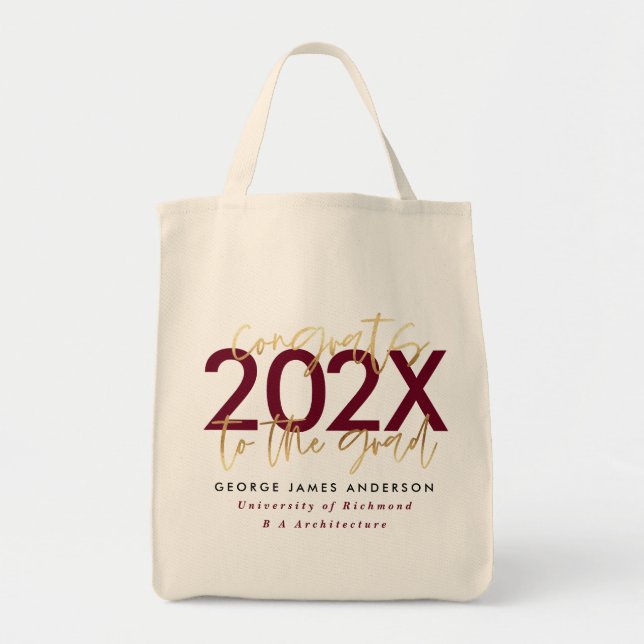 burgundy gold modern script stylish graduation  tote bag (Front)