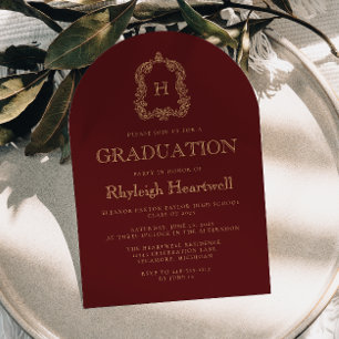 Burgundy Gold Monogram Crest Arch Graduation Party Invitation