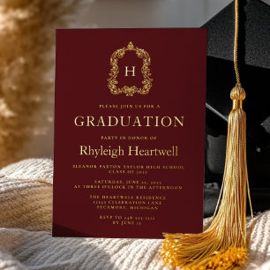 Burgundy Gold Monogram Crest Graduation Party