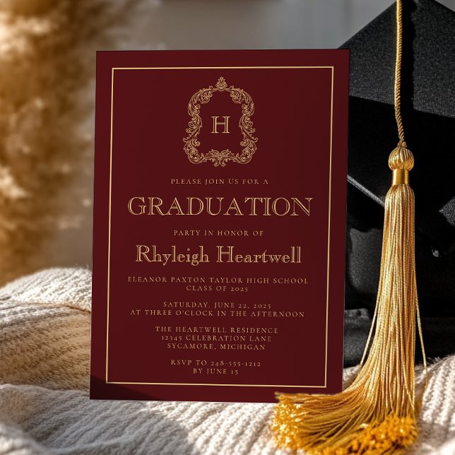 Burgundy Gold Monogram Crest Graduation Party Invitation (Creator Uploaded)