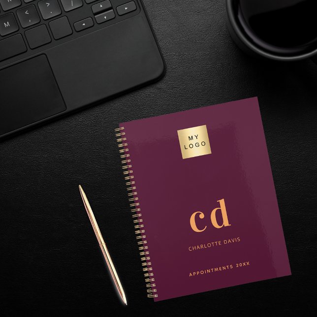 Burgundy gold monogram initials business logo notebook (Creator Uploaded)