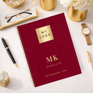 Burgundy gold monogram initials business notebook