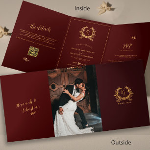 Burgundy Gold Monogram Photo QR RSVP Wedding Tri-Fold Card