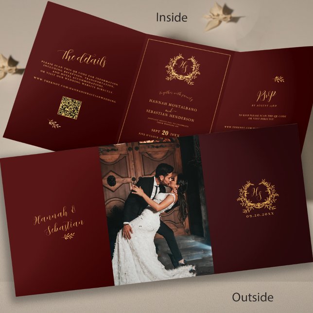 Burgundy Gold Monogram Photo QR | RSVP Wedding  Tri-Fold Card (Creator Uploaded)