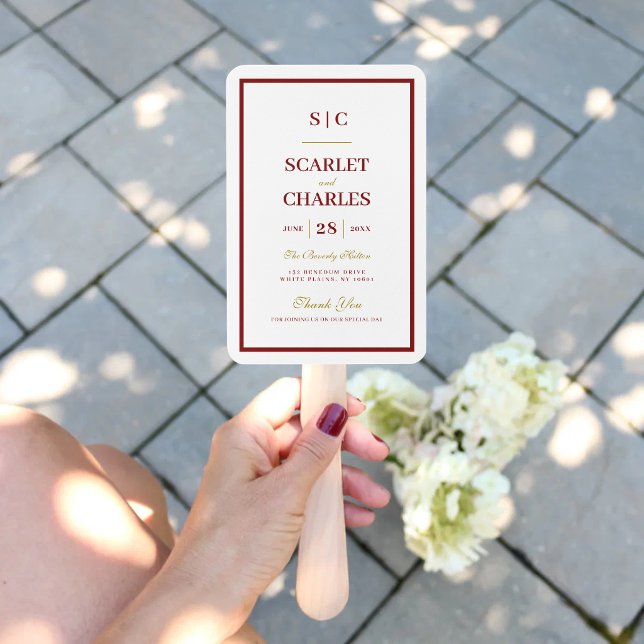 Burgundy & Gold Monogram Wedding Ceremony Program Hand Fan (Burgundy and gold monogram program fan keeps guests cool while adding elegant ceremony style.)