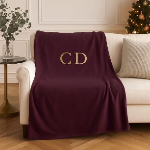 Burgundy gold monogrammed initials luxury fleece blanket