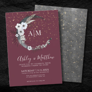 Burgundy Gold Moon Celestial Wedding Invitation
