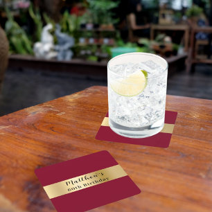 Burgundy gold name script birthday square paper coaster