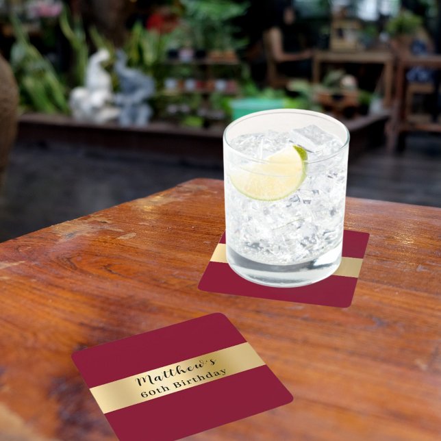 Burgundy gold name script birthday square paper coaster (Creator Uploaded)