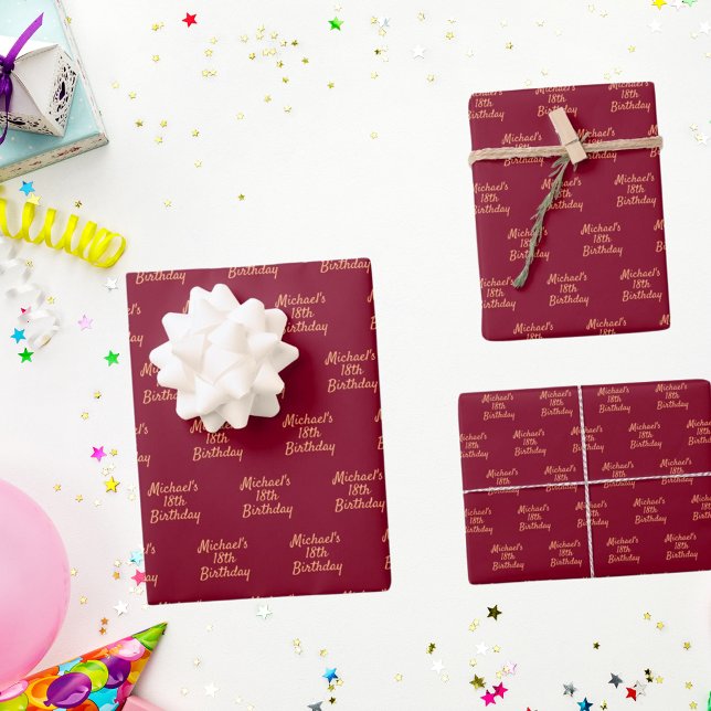 Burgundy gold name script wrapping paper (Creator Uploaded)