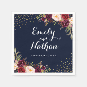 Burgundy Gold Navy Confetti Floral Wedding Napkin