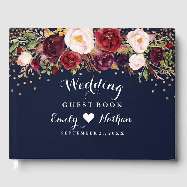 Burgundy Gold Navy Floral Wedding Guest Book (Front)
