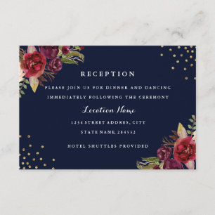 Burgundy Gold Navy Floral Wedding Reception Card