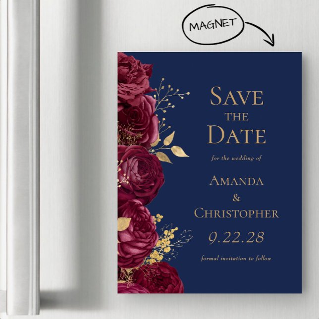 Burgundy Gold Navy Floral Wedding Save the Date Magnetic Invitation (Creator Uploaded)