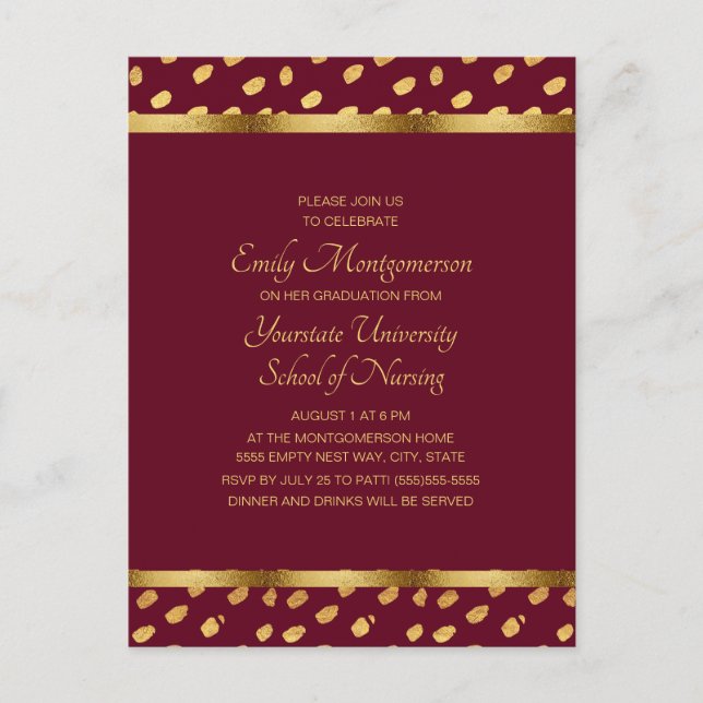 Burgundy Gold Nursing School Graduation Party Postcard (Front)