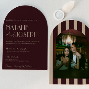 Burgundy Gold Old Money Arched Photo Wedding Invitation