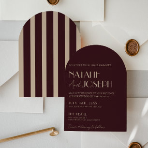 Burgundy Gold Old Money Stripes Arched Wedding Invitation