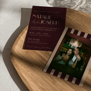 Burgundy Gold Old Money Stripes Photo Wedding Invitation