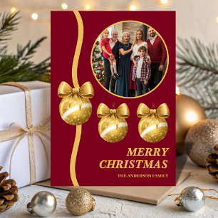 Burgundy & Gold Ornaments Family Christmas Photo Holiday Card
