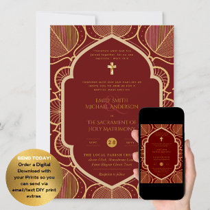 Burgundy Gold Ornate Catholic Nuptial Mass Wedding Invitation