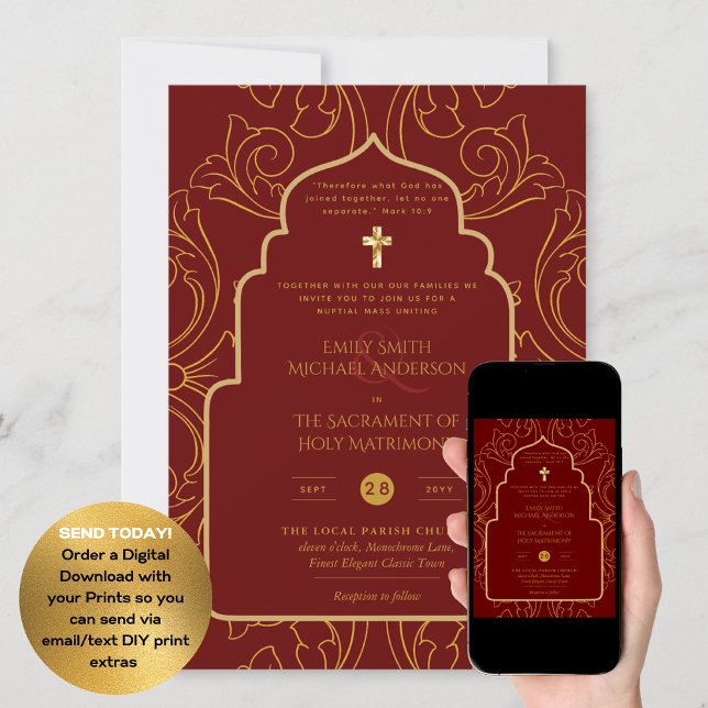 Burgundy Gold Ornate Catholic Nuptial Mass Wedding Invitation (Creator Uploaded)