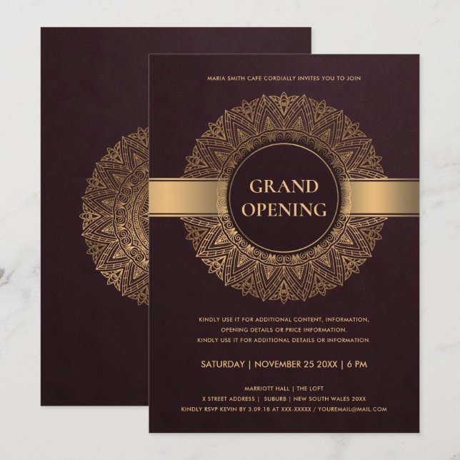 BURGUNDY GOLD ORNATE CLASSIC MANDALA GRAND OPENING INVITATION (Front/Back)