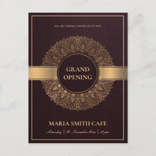 BURGUNDY GOLD ORNATE MANDALA GRAND OPENING INVITE POSTCARD