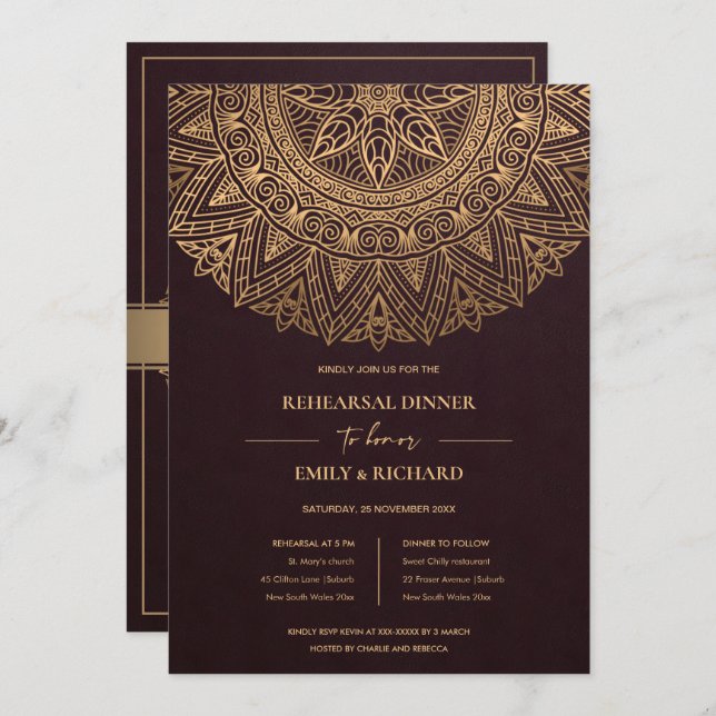BURGUNDY GOLD ORNATE MANDALA REHEARSAL DINNER INVITATION (Front/Back)